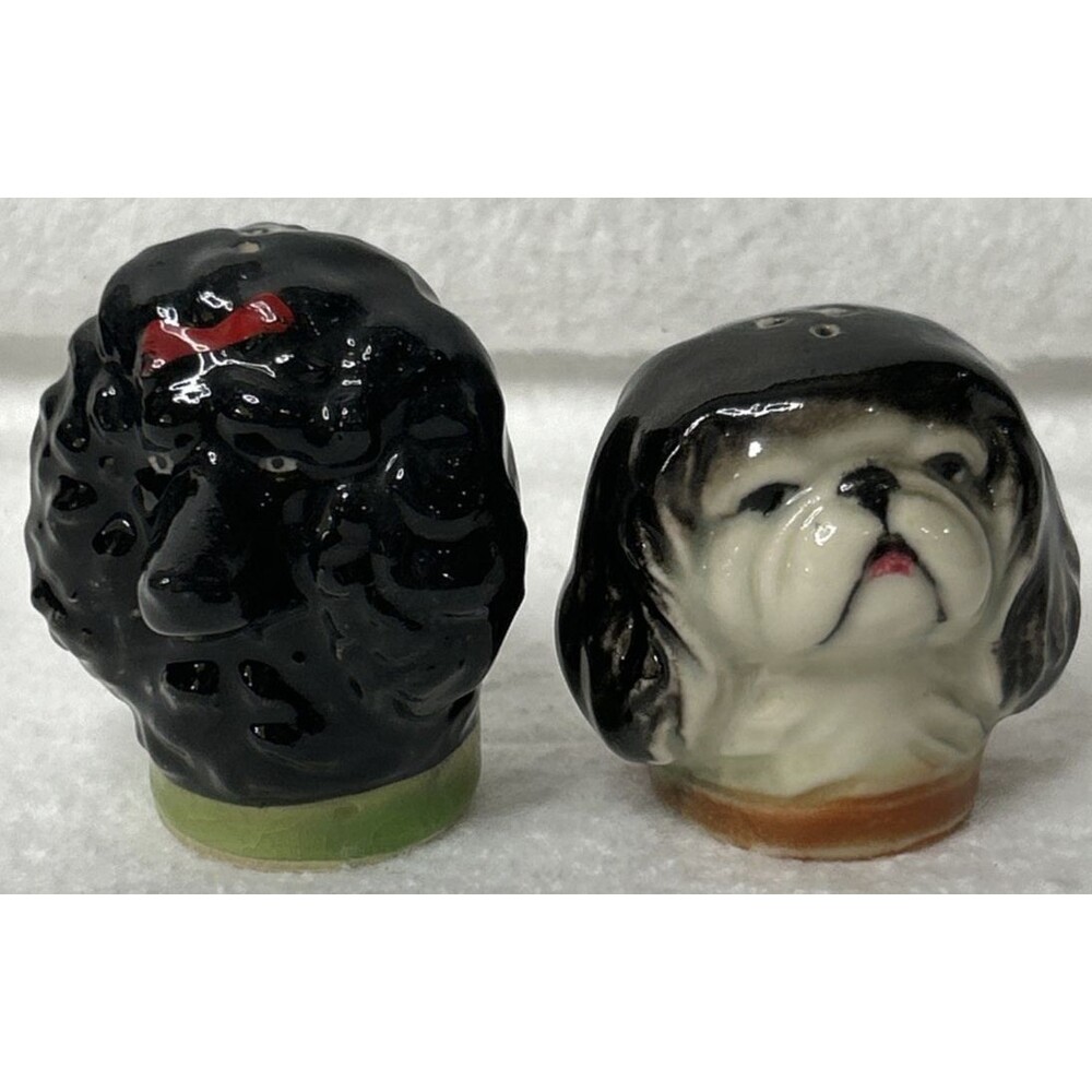 Vintage Japan Salt and Pepper Shakers Dog Heads poodle Llaso Apso Hostess Gift